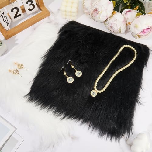 CREATCABIN 2 Packs Small Square Black White Faux Fur Sheepskin Cushion Fluffy Plush Area Rug Small Product Fur Photo Background 12’’ Luxury Photo Props for Tabletop Photography Jewelry Nail Art Decor - style: Black & White