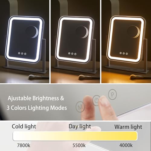 HIEEY Vanity Mirror with Lights, 14.1" x 12" Makeup Mirror with Lights, Three Color Lighting Modes, and 5X Magnification Mirror, Smart Touch Control, 360°Rotation (White,Gift Box) - style: 14.1" x 12" (78 LED)