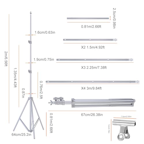 6.5 x 10ft Adjustable Backdrop Stand Kit,Heavy-Duty Photography Background Support System with Clamps & Carry Bag,Photo Video Studio Backdrop Stand for Parties,Weddings,Green Screen & Banner Display - color: Silver