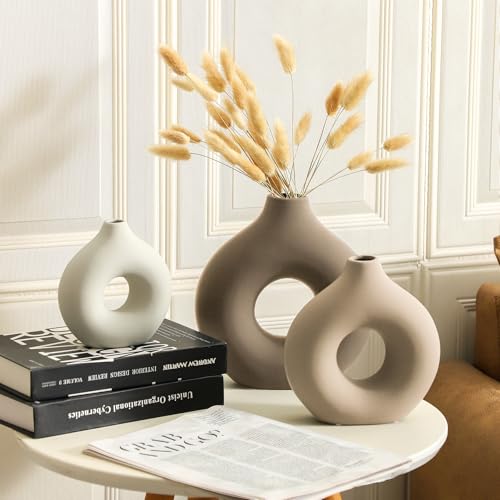 Vanselia Ceramic Vase Home Table Decor - Flower Vases Set of 3 Small Living Room Centerpiece Decorations for Shelf Bedroom Office Kitchen Dining Desk Modern Aesthetic Farmhouse Decorative (Farmhouse) - color: Farmhouse