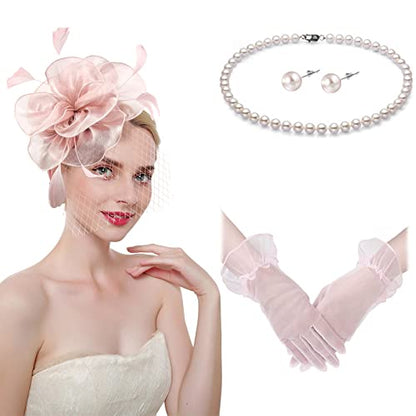 Fascinators Hats with Gloves Set for Women 20s 50s Cocktail Tea Party Wedding Costume Headwear - color: A-pink