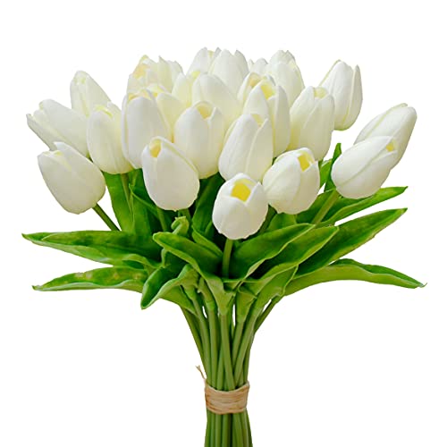 Mandy's Cream Artificial Tulips Flowers Centerpiece, 13.5" Lifelike PU Fake Floral Stems 28pcs for Kitchen Island & Dining Table, Spring Decor for Easter - color: Cream-28