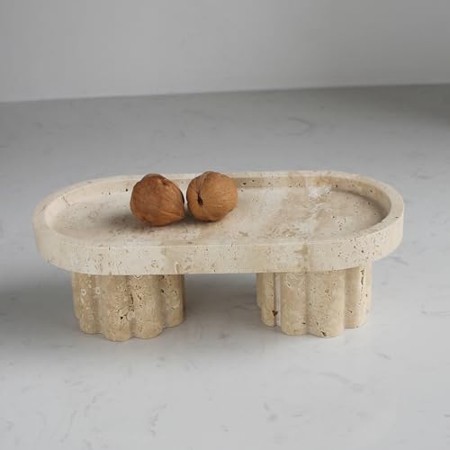 Natural Travertine Marble Oval Tray with 2 Legs, 10" Vanity Decorative Tray for Countertop Organizer, Catchall Tray for Perfume, Candles, Jewelry Dish - color: Beige Travertine