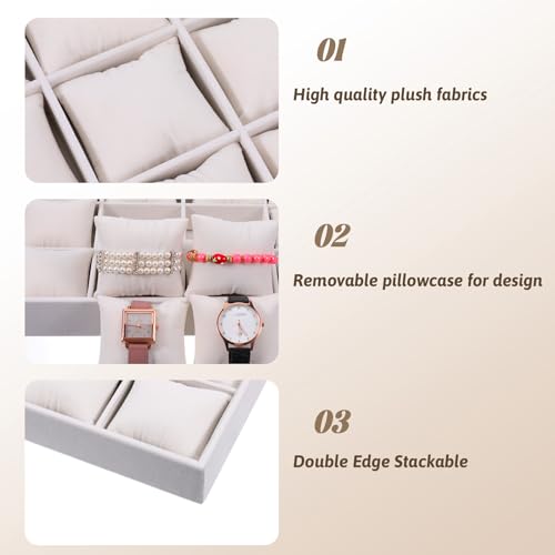 2 Pcs Velvet Watch Tray, 12 Grid Jewelry Organizer Stackable Tray Watch Bracelet Bangle Display Holder with Adjustable Pillows for Woman Man (Beige)