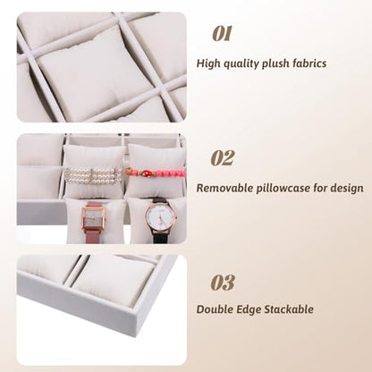 2 Pcs Velvet Watch Tray, 12 Grid Jewelry Organizer Stackable Tray Watch Bracelet Bangle Display Holder with Adjustable Pillows for Woman Man (Beige)
