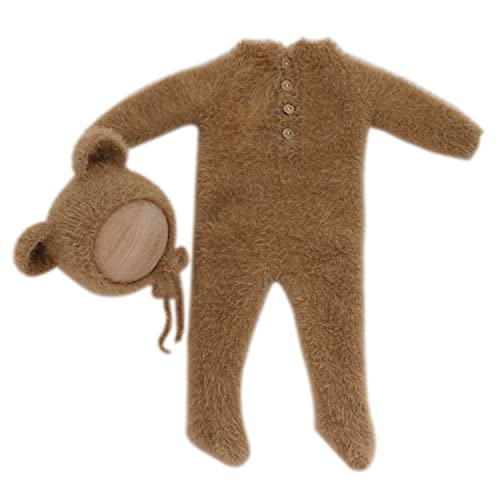 2Pcs Newborn Photography Props Boy Photo Posing Outfits Baby Photoshoots Girl Crochet Bear Hat Romper - color: Brown B