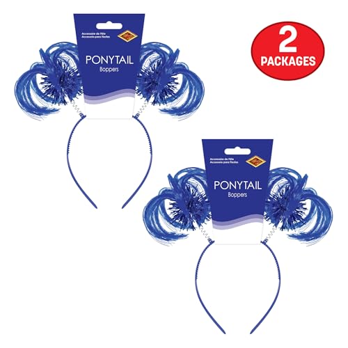 Beistle Blue Ponytail Boppers – 2 Pack, Synthetic Hair Headband Accessories with Metallic Fringe, Spirit Headwear for Costume Styling, Themed Party Events, Photo Booth Props, and Novelty Wear