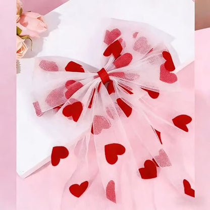White Bow Lace Veil with Red Heart Cherry Headband Double Layer Hair Clip with Long Ribbon Short Hair Decorations Valentine's Wedding Hair Accessory Party Supplies Gifts Photo Props for Women