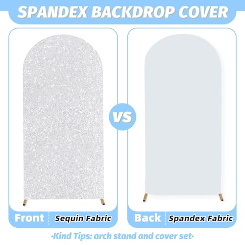 MODFUNS Metal Arch Backdrop Stand and Cover Set 6&7.2ft Silver Sequins Arch Cover Set of 2 Metal Arch Frame with Covers Balloon Arch Stands for Wedding Ceremony Banqet Party Reception - color: Silver, size: 6&7.2FT-Set