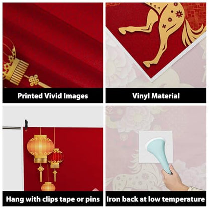 AOFOTO 10x10ft Happy Chinese New Year Backdrop China Spring Festival Lunar Year of The Horse Decoration Banner Paper Cut Flowers CNY Lanterns 2026 Background Party Supplies Photoshoot Studio Props - size: 10x10ft