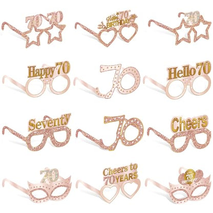 Guiruiy 24PCS 70th Birthday Paper Eyeglasses Decorations for Women, Pink Rose Gold Happy 70th Birthday Eyeglasses Party Supplies, Funny Seventy Year Old Birthday Glasses Decor - style: Rose Gold 70th