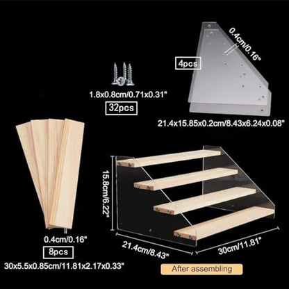 2 Pack 4 Tier 12 Inch Acrylic Wooden Display Stand, Clear Acrylic Display Riser Shelf Wood Tiered Display Shelf Rack Step Ladder Riser Stands for Cupcakes Perfumes Figures Collectibles