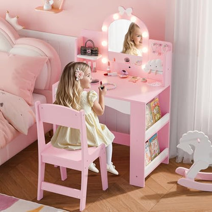 MU Kids Vanity with Lights, Princess Makeup Vanity Table and Chair Set for Girls, Toddler Vanity Desk with Open Bookshelf, Storage Cabinet & Shelves, Stools, Pink - color: Pink