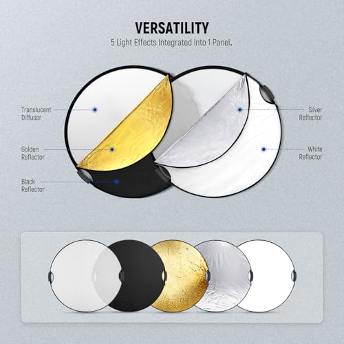NEEWER 51"/130cm Light Reflector with Handle Grip & 3/8" Thread, 5 in 1 Foldable Disc Light Diffuser Translucent/Silver/Gold/White/Black for Photography Lighting, Outdoor Lighting, RF-130II - style: 130cm
