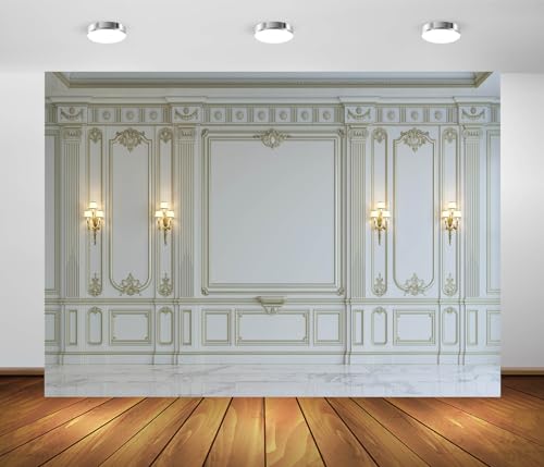 BELECO 12x8ft Fabric Vintage Living Room Backdrop Classic White Wall Interior European Frame Castle Wall Photography Background Empty Living Room Wallpaper Birthday Party Decoration Photo Studio Prop - size: 12x8FT