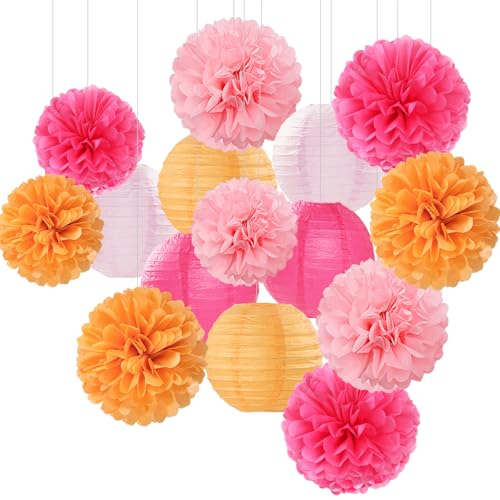 Pink-Orange Party-Decorations Paper-Flowers Lanterns - 15PCS Fall Wedding Birthday Tissue Pom Poms Streamers, Boho Baby Bridal Shower Graduation Sunset Hanging Supplies Decor Hugfond - color: Light Pink Light Orange Rose