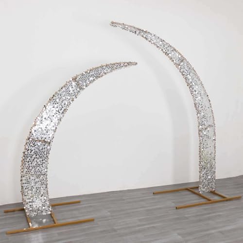 Efavormart 2 Pack Silver Big Payette Sequin Crescent Moon Arch Covers, Shimmering Double-Sided Fabric Backdrop Sleeves for 6.5ft and 8ft Curved Stands - color: Silver, size: Sequin Cover - 6.5ft & 8ft