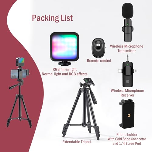 Vlogging Kit for iPhone,YouTube Starter Kit Beginner Content Creator Essentials Kit for Android with Tripod/Wireless Microphone/RGB Fill-in Light/Remote