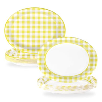 50Pcs Yellow Gingham Oval Paper Plates 10"x12" Large Yellow and White Buffalo Checkered Plaid Plates Disposable Heavy Duty Gingham Party Supplies for Picnic BBQ Baby Shower Birthday Party Decorations - style: 50Pcs Yellow Gingham Oval Plates