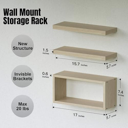 RICHER HOUSE Floating Shelves Set of 3, Modern Bathroom Shelves Wall Mounted with Invisible Brackets Over Toilet, Rustic Wall Shelves for Bathroom Bedroom, Living Room, Kitchen - Light Brown - color: Light Brown, size: 2+1