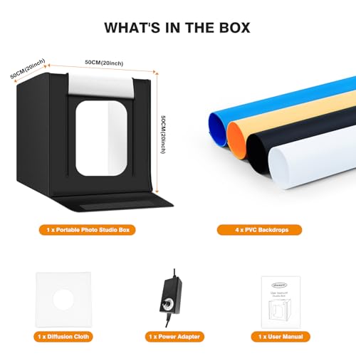 Light Box Photography 20"x20" with 80LED Lights and 4 Color Backdrops Photo Box with Lights, Foldable Light Box with Adjustable Brightness, 6000-6500K Dimmable Portable Picture Box Shooting - size: 20" with 6000-6500K