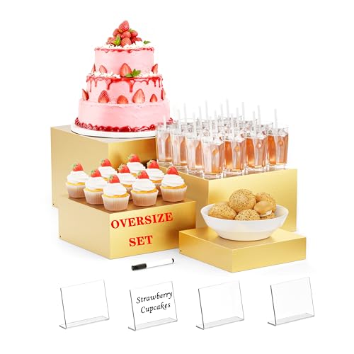 Metal Buffet Risers,4PCS OVERSIZED Food Risers for Buffet Table 8''X9''10''X11'' Display Stand with Mini Acrylic Signs for Catering Dessert Collectibles Jewelry Figures Show Gold Cube Boxes Nesting Risers with Hollow Bottoms - color: Gold, size: Oversized