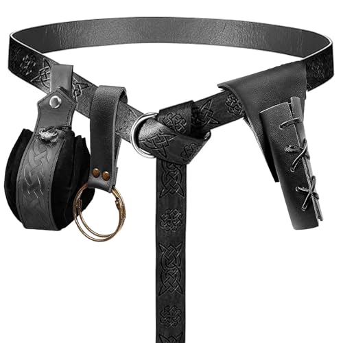 4PCS Medieval Leather Sword Frog Dagger Holder Belt Rapier Scabbard Viking Knight Renaissance Belt Pouch Halloween Costume - color: Pattern-black