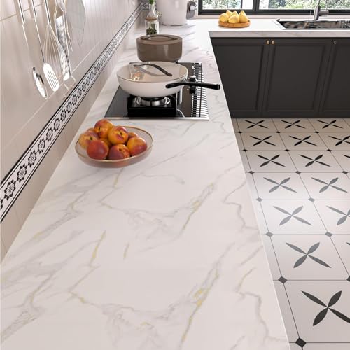 BAYYA Faux Marble Contact Paper Waterproof Countertop Peel and Stick Wallpaper 31.5"x394" White Gold Grey Kitchen Counter Top Wrap Vinyl Countertop Covers Self Adhesive Covering for Desk Table Wall - color: White, size: 31.5" x 394"