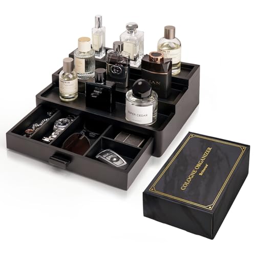 Cologne Organizer for Men, 3 Tier Wooden Cologne Stand with Drawer Storage and Hidden Compartment, Perfume Display Holder for Dresser, Great Gifts for Men and Women Valentine, Black - color: Black