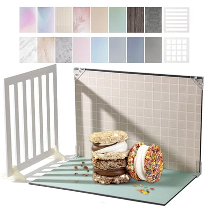 Product Photography Backdrops with Shadow Boards, 8Pcs 16 Curated Patterns Photography Prop Kit, Portable Small Photo Backdrop Board and PVC-Coated UGC Backdrops for Food Jewelry Mini Items, 16x11.5in