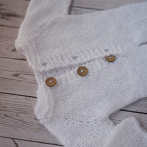 Newborn Photography Props Boys Girls Outfits Mohair Bear Hat Bonnet & Footed Romper Bodysuit Photoshoot Costume Set - color: White