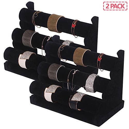 2 Pack Velvet Bracelet Holder with 3 Tier Rack, Jewelry Display Stand Watch Bangle Bar Necklace Storage Organizer, Black