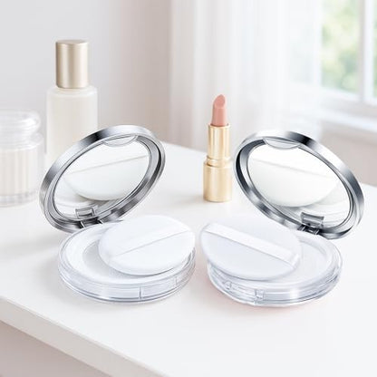 2-Pack Refillable Loose Powder Container with Puff & Mirror - 0.17 oz Travel Portable Empty Makeup Compact with Mesh for Women Girls, Silver - color: Silver