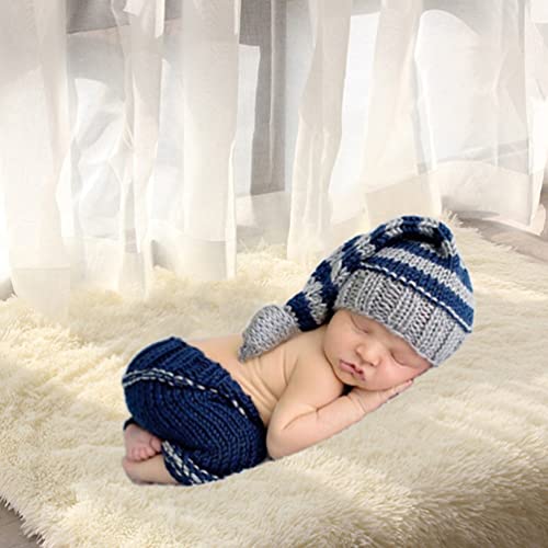 Newborn Baby Photo Shoot Props Girl Boy Crochet Knit Hat Costume Stripe Hat Pants Overalls Photography Props - color: Multicolor