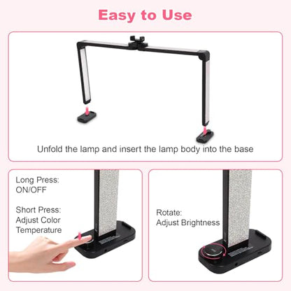 34in Half Moon Light for Nail Desk, Foldable LED Lamp for Nail Art, Tattooing, Craft Making, Stepless Dimming, 3000-6000K Color Temperature Adjustment, 456 Light Beads, White with Diamond - color: Black with Diamond