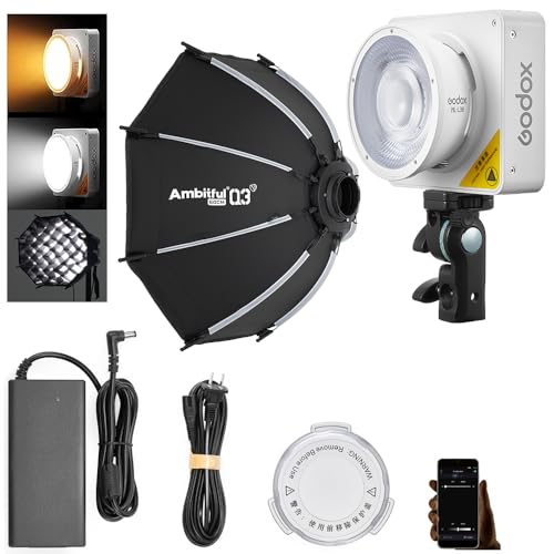 Godox ML100Bi 120W Bi-Color LED Video Light with 60cm Softbox Kit, CRI97+ & TLCI98+ 34300 Lux APP Control, 2800K-6500K, USB-C, 11 FX Effects for YouTube Filming, Live Streaming, Photography