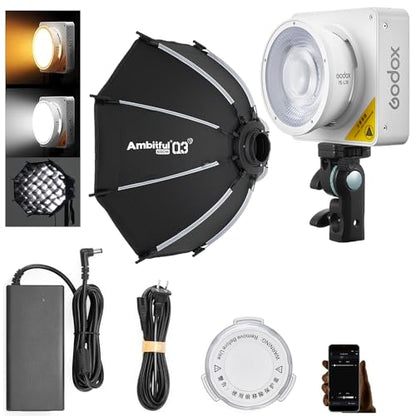 Godox ML100Bi 120W Bi-Color LED Video Light with 60cm Softbox Kit, CRI97+ & TLCI98+ 34300 Lux APP Control, 2800K-6500K, USB-C, 11 FX Effects for YouTube Filming, Live Streaming, Photography