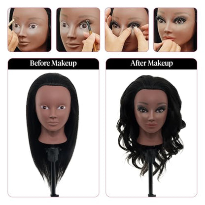 18" Mannequin Head Human Hair with Stand - 100% Real Hair Mannequin Head for Makeup Practice, Cosmetology Manikin Doll Head for Hair Styling, Hairdressing Training Head for Braiding with Tripod,Black - color: Black#1B&Tripod