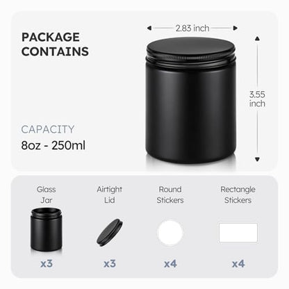 Tecohouse 8oz Black Glass Jars with Lids, 3 Pack Candle Jars with Blank Labels, 250g Wide Mouth | Lotion Container for Sample, Cream, Lotion, Honey, Powder, Jelly | Home & Beauty - color: Black-Black Lids