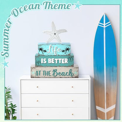 Geelin 4 Pcs Summer Table Decorations Ocean Life Better Wooden Block Signs Beach Theme Starfish Palm Slipper Tabletop Centerpieces Farmhouse Tiered Tray Decor for Home Table Kitchen Shelf - style: Ocean