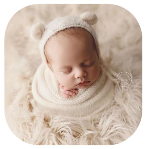 Newborn Photography Props Handmade Bear Hat Wrap Set for Baby Boys Girls Photoshoot Knitted Bonnet Blanket Photo - color: White