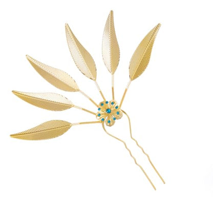 Lureme Thai Ethnic Hairpieces Alloy Leaf Hairpin with Rhinestones Hair Accessories for Women(hb000015-3) - color: gold with blue strass