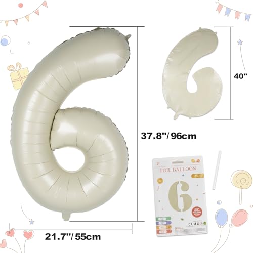 CARGEN 40 Inch Creamy White Number 6 Balloon, Large Beige Foil Mylar Digital 0-9 for Birthday Decorations, Boho Neutral Party Supplies, Wedding Anniversary Photo Props, Helium or Air Fill - style: Number 6