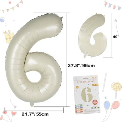CARGEN 40 Inch Creamy White Number 6 Balloon, Large Beige Foil Mylar Digital 0-9 for Birthday Decorations, Boho Neutral Party Supplies, Wedding Anniversary Photo Props, Helium or Air Fill - style: Number 6