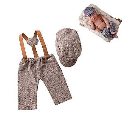 Newborn Monthly Baby Photo Props Stripe Checked Flat Cap Newsboy Suspender Pants Romper for Photography Outfits - color: Coffee