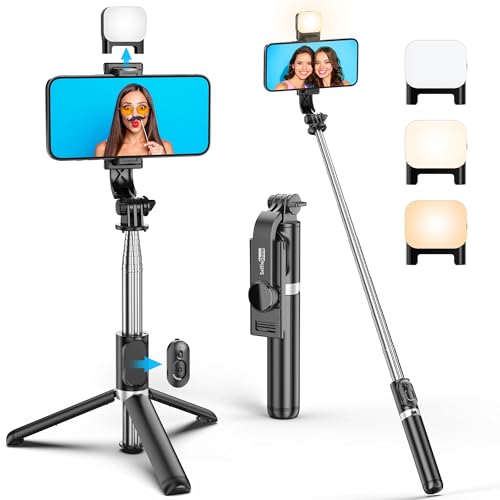Portable 41 Inch Selfie Stick Phone Tripod with Wireless Remote Extendable Tripod Stand 360 Rotation Compatible with iPhone 17 16 15 14 13 12 11 pro Xs Max Xr X Plus, Android Samsung Smartphone - style: Black & With Light
