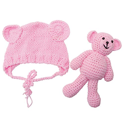 ECYC Newborn Baby Bear Hat Beanie with Bear Dolls Photography Accessories,Pink - color: Pink