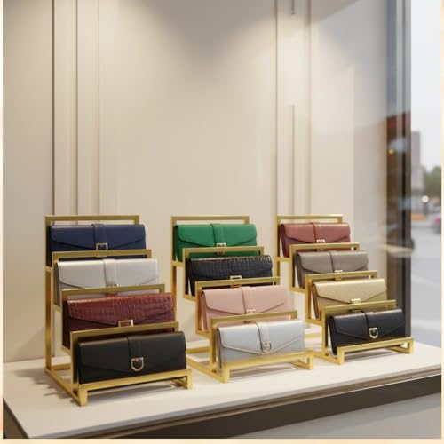 2 Pack Gold 3-Layer Purse Display Stand, Metal Wallet Display Rack for Clutch Handbag Organizer, Tiered Purse Holder Riser Stand for Countertop Home Retail Boutique Store Supplies - size: 3 - Layer