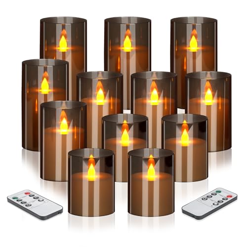 wemarry Flameless Candles 4" 5" 6" Acrylic Glass Pillars 3" Diameter Battery Operated Flickering Candles Include 8-Key Remote with Timer Function 400+ Hours (Gray, Warm Light 12 Pack) - color: Gray, size: Warm Light 12 Pack