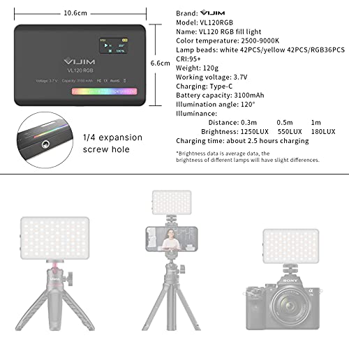 VIJIM VL120 RGB Video Light, Portable LED Camera Light Panel 0-360 Full Color, CRI 95+ 2500-9000K LED 3100mAh Rechargeable DSLR Lighting for Vlogging, Photography, Video Conference